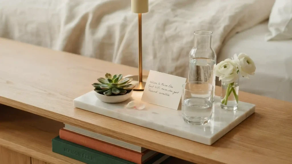 Guest bedroom ideas showing a styled nightstand with lamp, flowers, and welcome tray