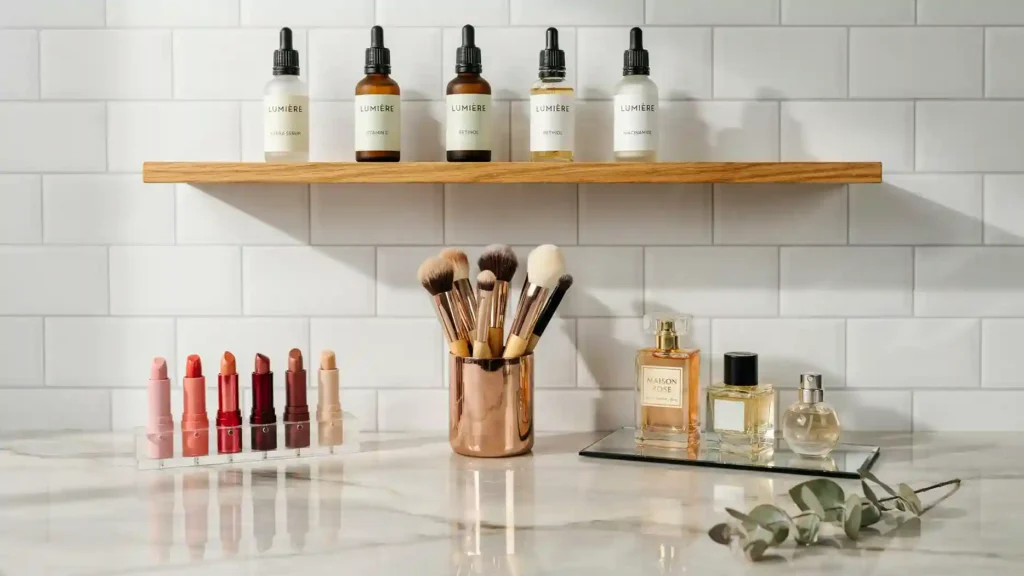 Instagram vanity ideas small bedroom showing acrylic organizers and color-coded makeup display