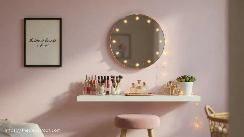ALT Text Instagram vanity ideas small bedroom showing acrylic organizers and color-coded makeup display