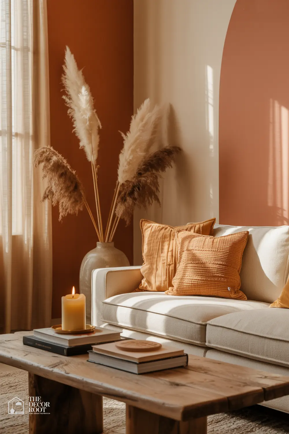 Beautifully styled living room with warm terracotta tones and natural textures