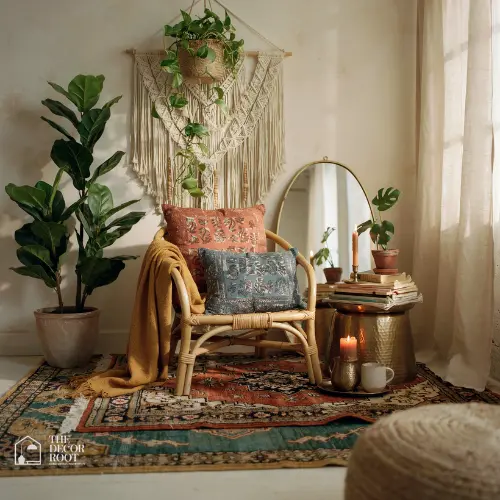 Bohemian living room with rattan furniture layered rugs and macrame wall hanging