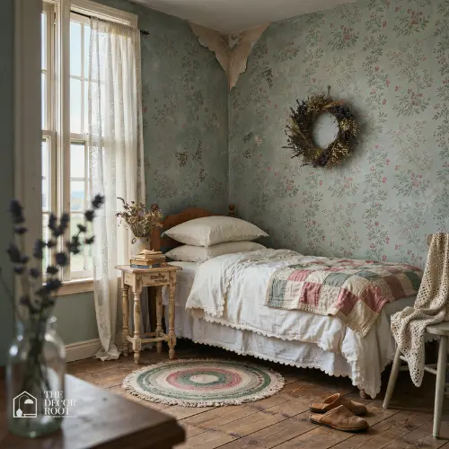 Cottagecore bedroom with floral wallpaper white ruffled bedding and dried flower wreath