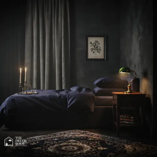Dark moody bedroom with charcoal walls velvet navy bedding and brass lamp