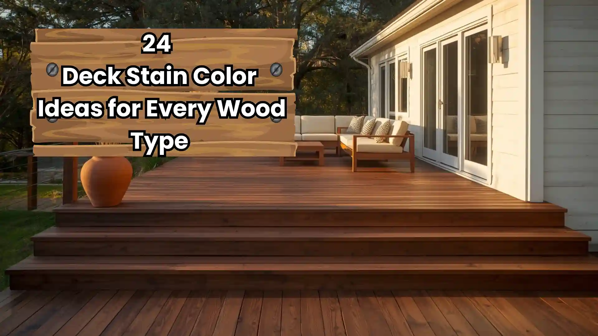 Deck stain color ideas featuring a rich walnut brown stained cedar deck with outdoor furniture