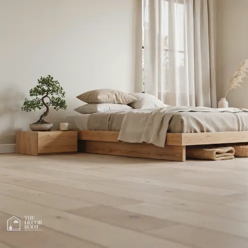 Minimalist Japandi bedroom with light oak furniture and neutral linen bedding