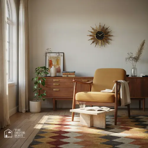 Mid century modern living room with walnut sideboard and mustard yellow accent chair