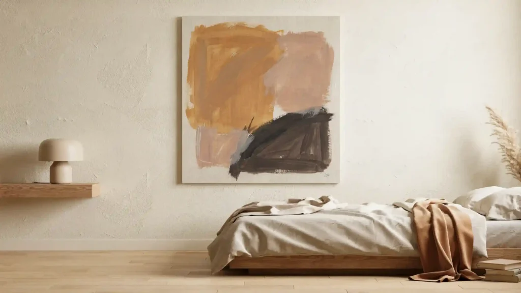 Minimalist bedroom with single large abstract artwork above a low platform bed minimalist bedroom ideas with personality