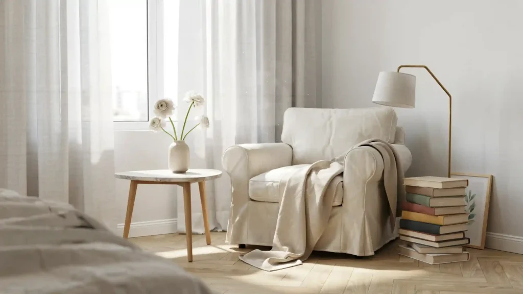 Sunlit bedroom corner with linen curtains, a slipcovered chair, and a stack of books — Nancy Meyers bedroom ideas inspiration