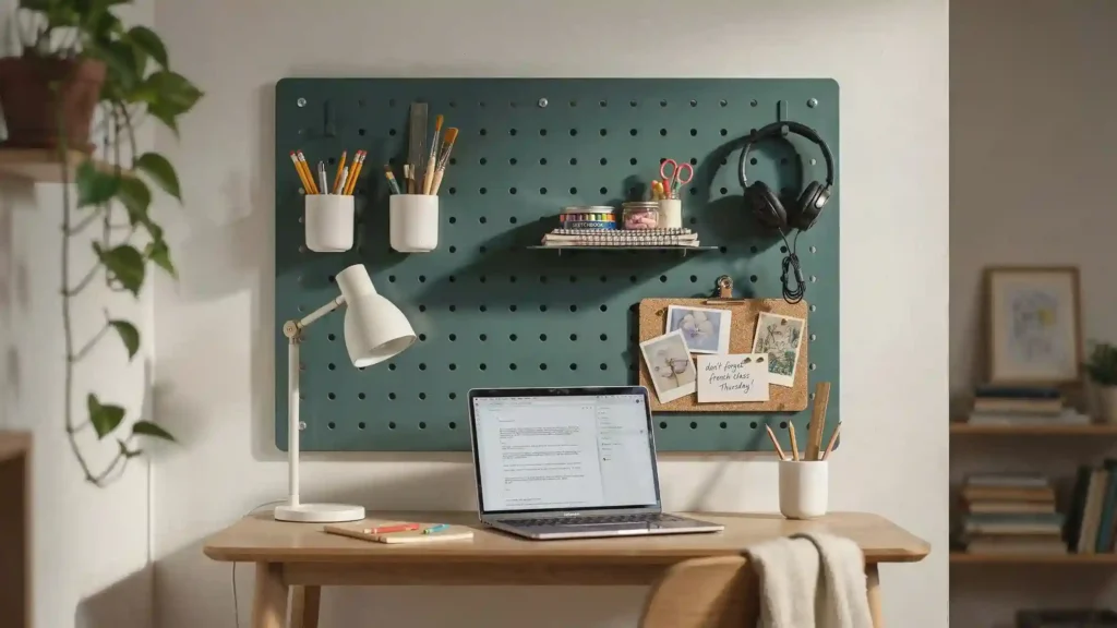 Tween bedroom study zone with a wooden desk, task lamp, and organized pegboard — cool bedroom ideas for big kids