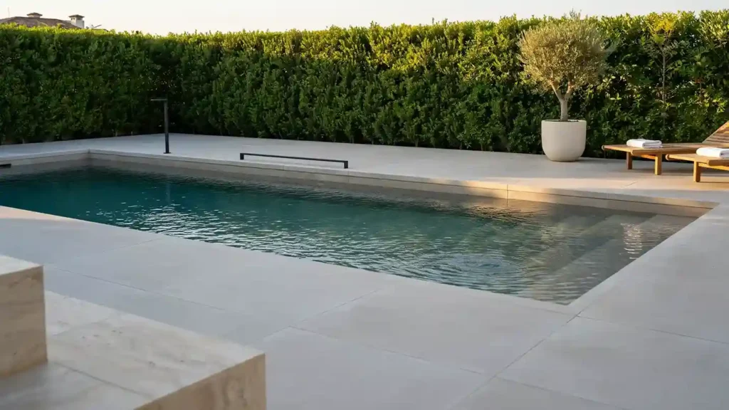 Modern swimming pool coping and tile ideas with large-format porcelain coping and dark interior tile in a contemporary backyard