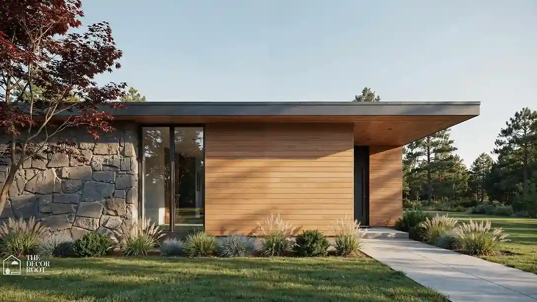 Mid century modern house exterior ideas with wood siding and stone accent wall