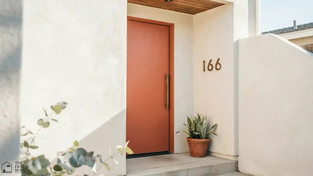 Mid century modern house exterior ideas with a bold burnt orange front door