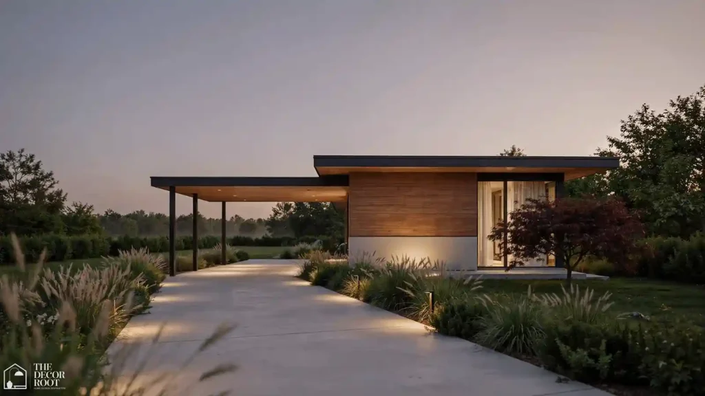 Mid century modern house exterior ideas with an open carport and lit pathway