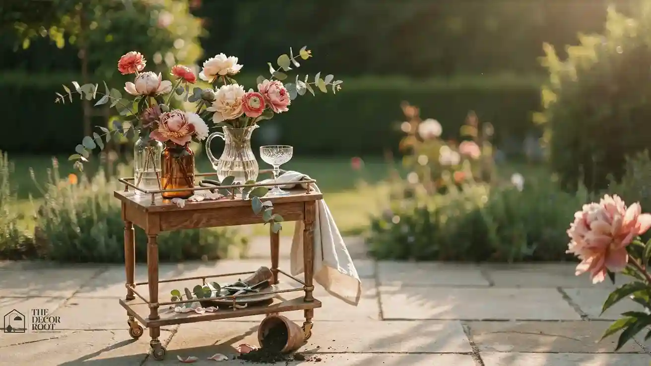 Flower bar design ideas featuring a vintage cart styled with fresh blooms