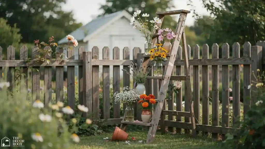Flower bar design idea using a wooden ladder shelf styled with mason jars