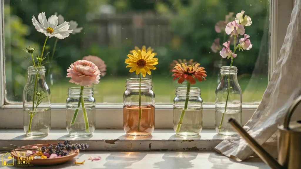 Simple DIY flower bar design idea using mason jars along a windowsill