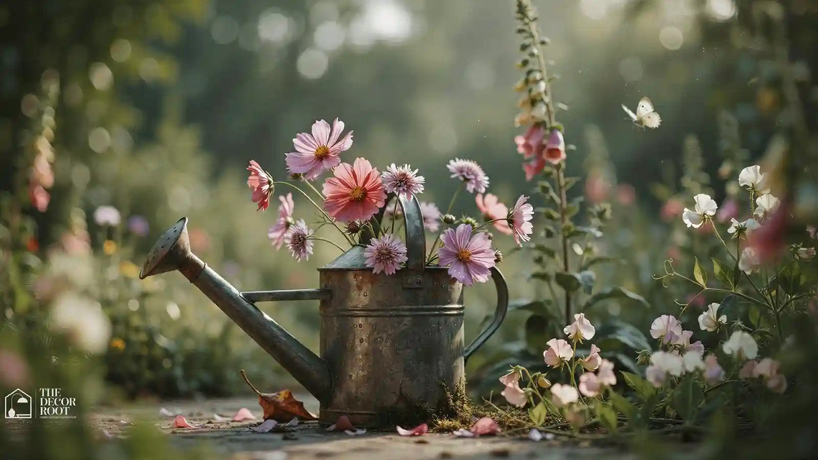 Vintage garden decor idea featuring an antique watering can display