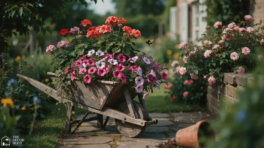 Vintage garden decor idea using an old wheelbarrow flower display