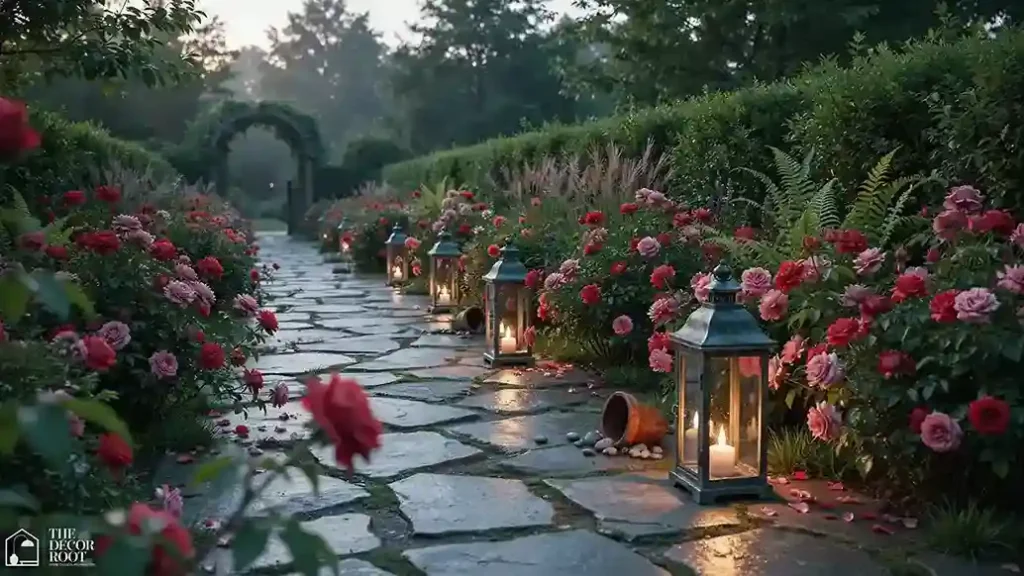 Vintage garden decor idea featuring lanterns lining a garden pathway