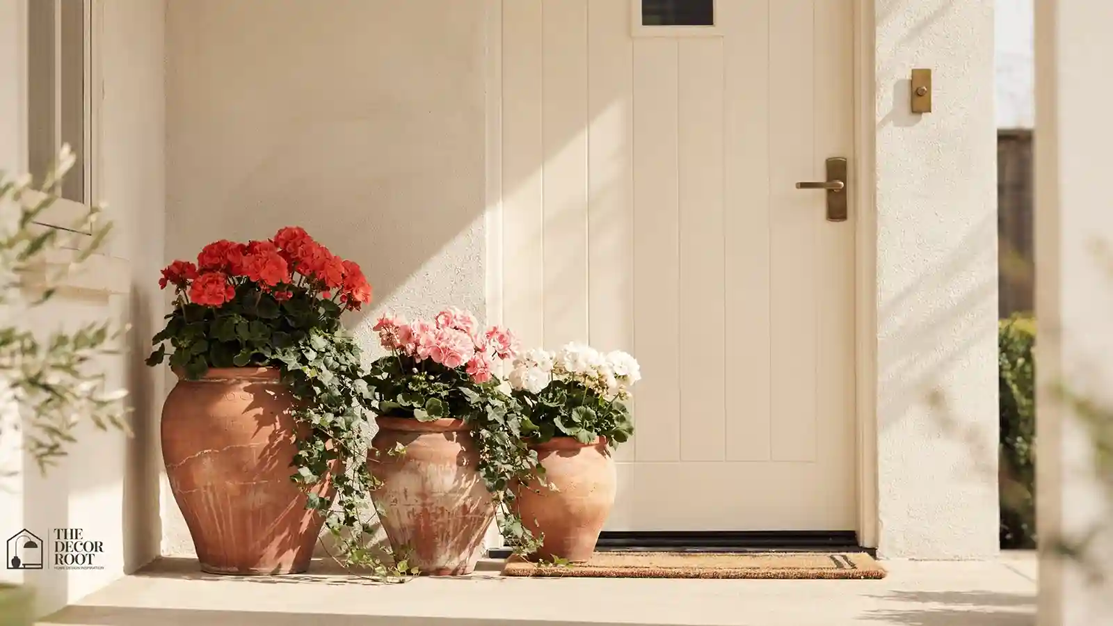 Front porch flower pot ideas featuring a layered terracotta pot trio