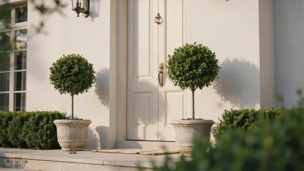 Front porch flower pot idea featuring a matching topiary pair