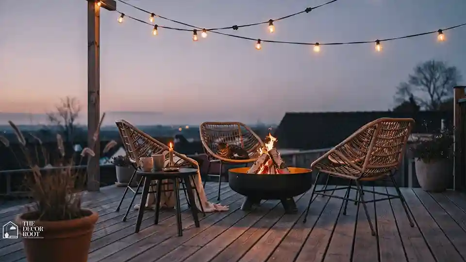 Backyard corner design idea featuring a cozy fire pit nook
