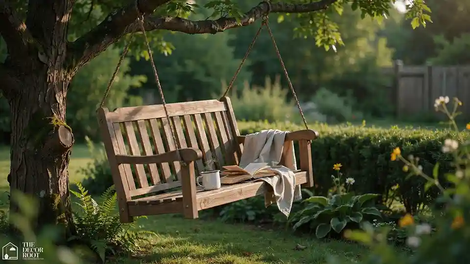 Backyard corner design idea featuring a rustic hanging swing