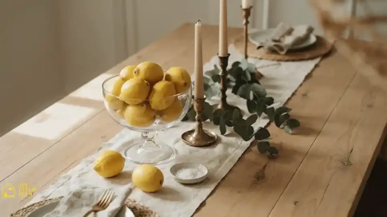 Lemon centerpiece styling on a wood dining table with greenery and ceramic bowls