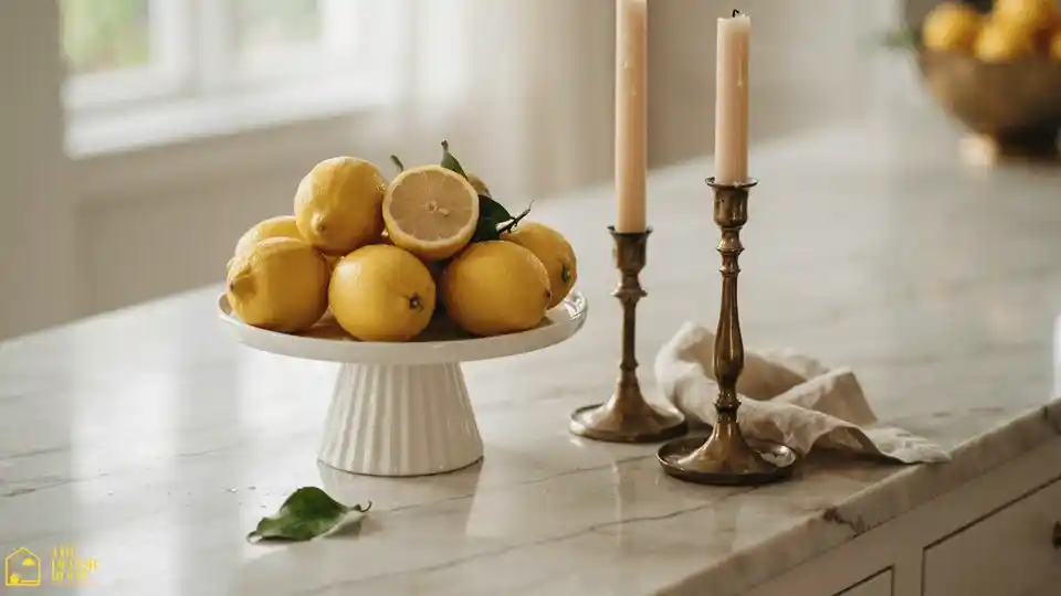 Lemon centerpiece styling using a tiered cake stand on a kitchen counter