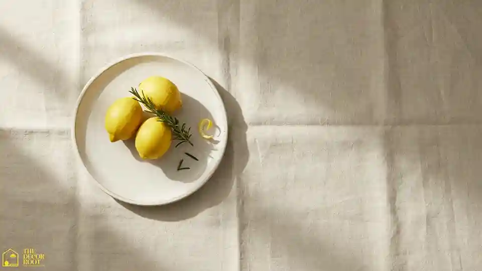 Minimalist lemon centerpiece styling with three lemons and greenery sprig