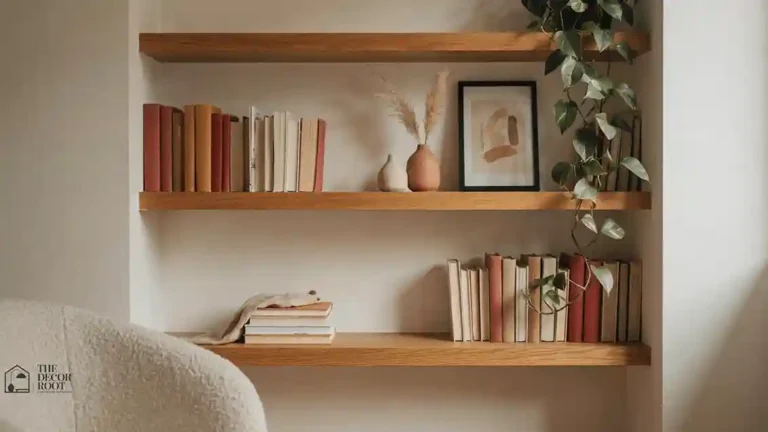 Bookshelf styling ideas showing color-blocked books and decorative objects
