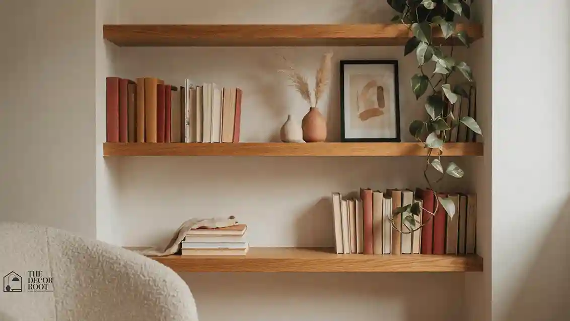 Bookshelf styling ideas showing color-blocked books and decorative objects