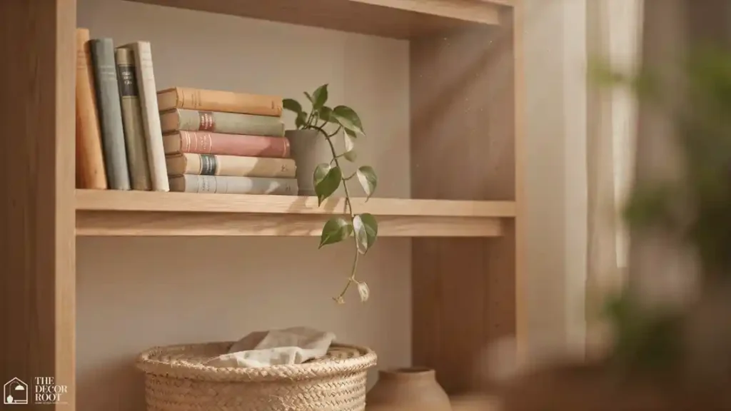 Bookshelf styling ideas with woven basket storage on bottom shelf
