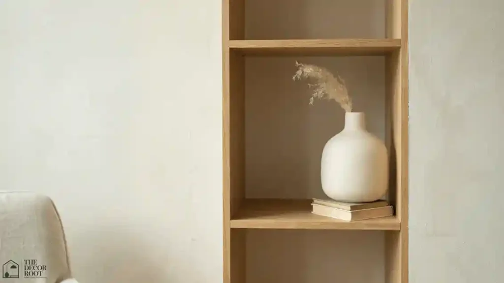 Bookshelf styling idea showing negative space and single statement obje