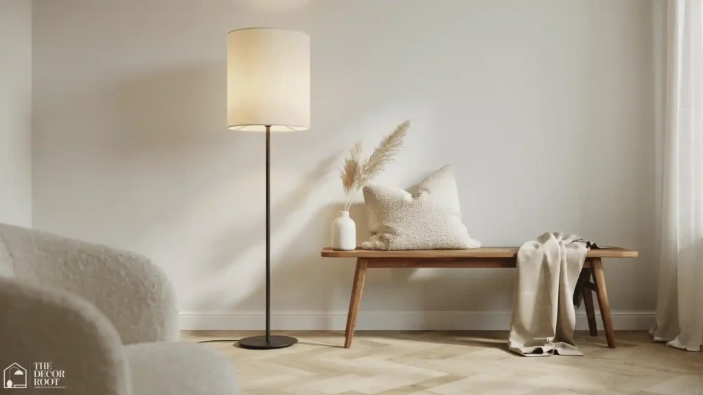 Modern Japandi living room detail with paper floor lamp and boucle pillow