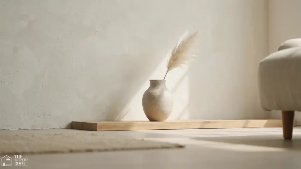 Modern Japandi living room showing negative space and ceramic vase styling