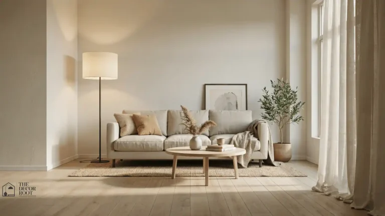 Modern Japandi living room with low wood furniture and neutral tones