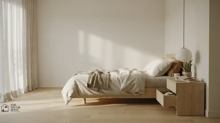 Japandi bedroom design with low platform bed and neutral linen bedding