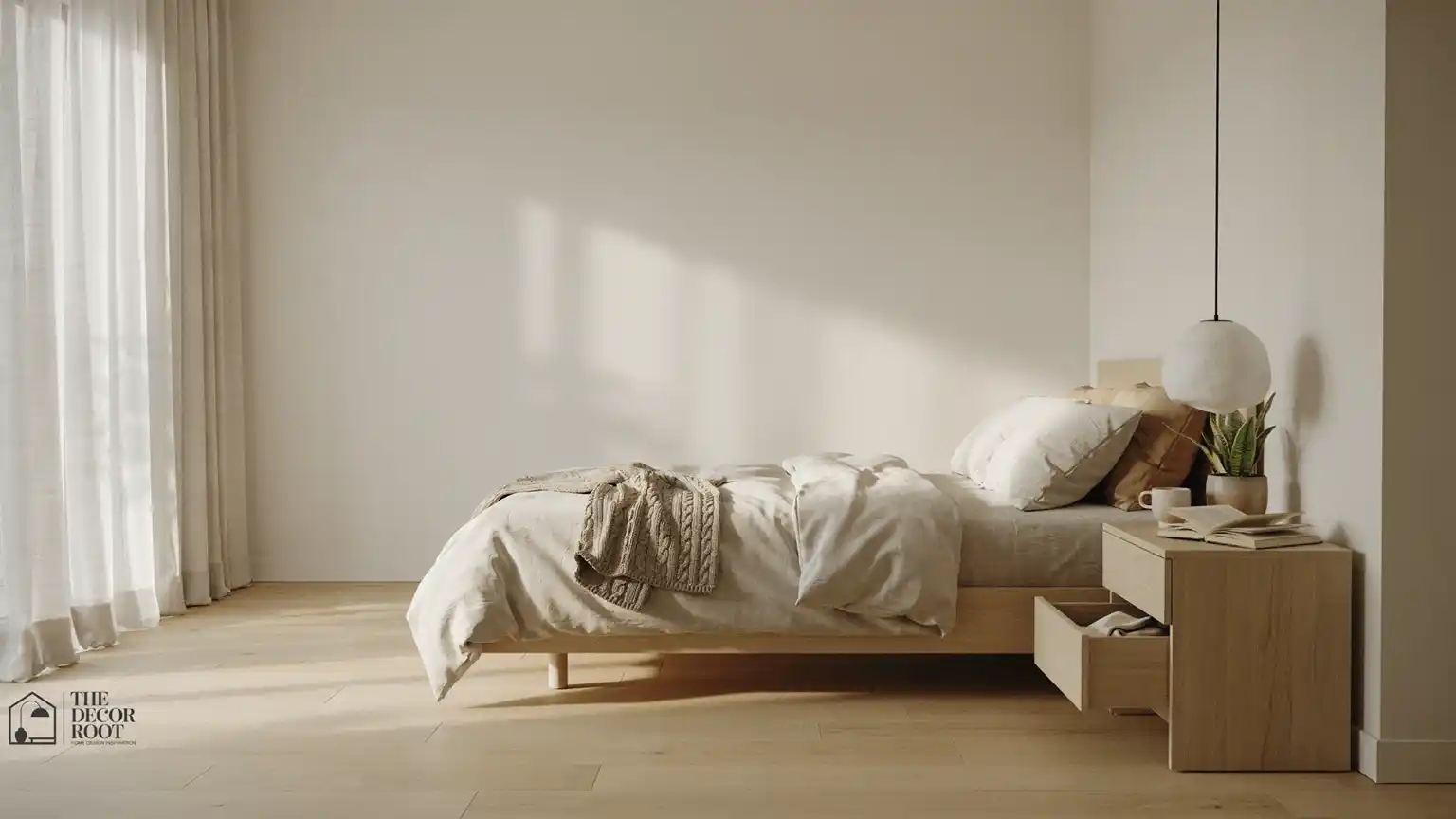Japandi bedroom design with low platform bed and neutral linen bedding