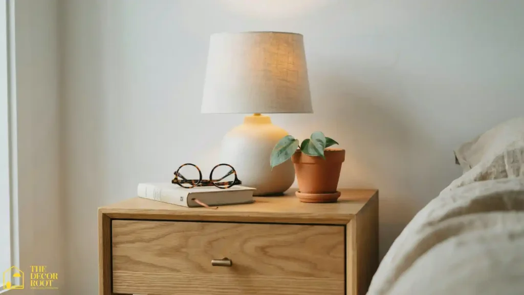 Japandi bedroom design nightstand styling with lamp and small plant
