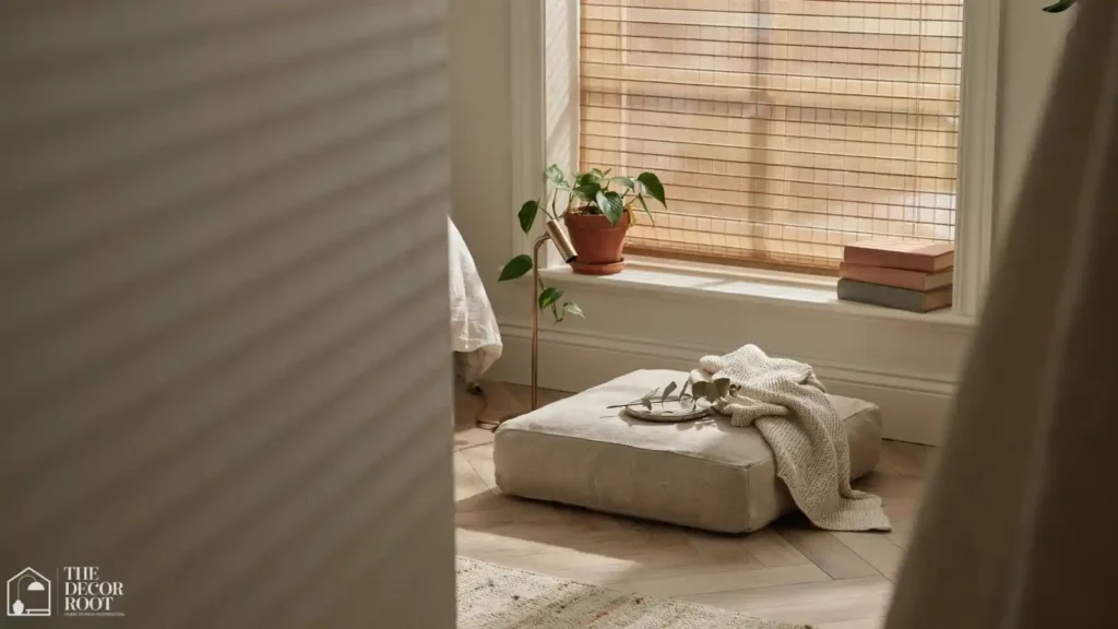 Japandi bedroom design reading corner with floor cushion and woven shade
