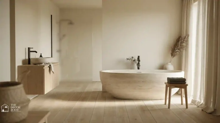 Japandi bathroom ideas featuring a neutral spa-inspired soaking tub and teak accents