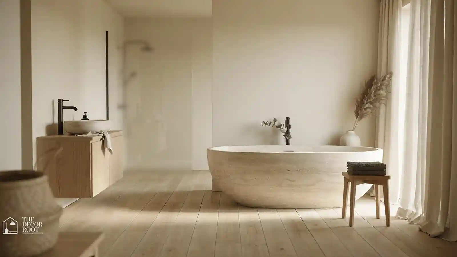 Japandi bathroom ideas featuring a neutral spa-inspired soaking tub and teak accents