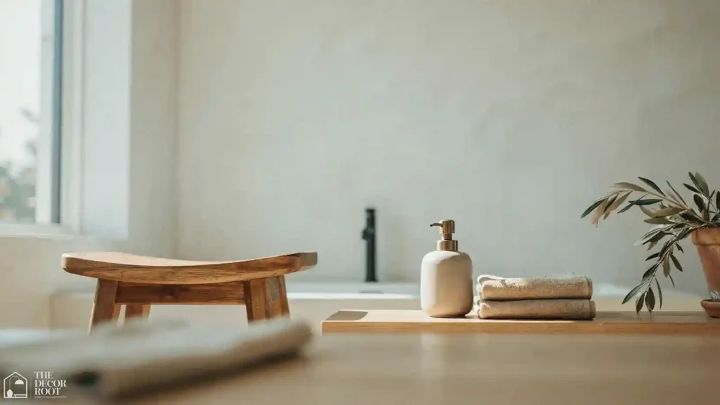 Japandi bathroom ideas with teak stool beside an oak floating vanity