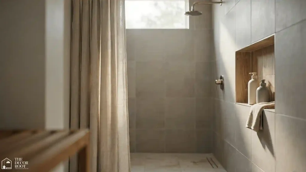 Japandi bathroom ideas with linen shower curtain and reeded glass