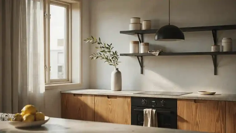 Japandi kitchen ideas with warm wood cabinetry and open shelving