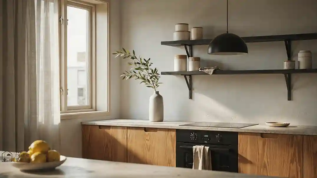 Japandi kitchen ideas with warm wood cabinetry and open shelving