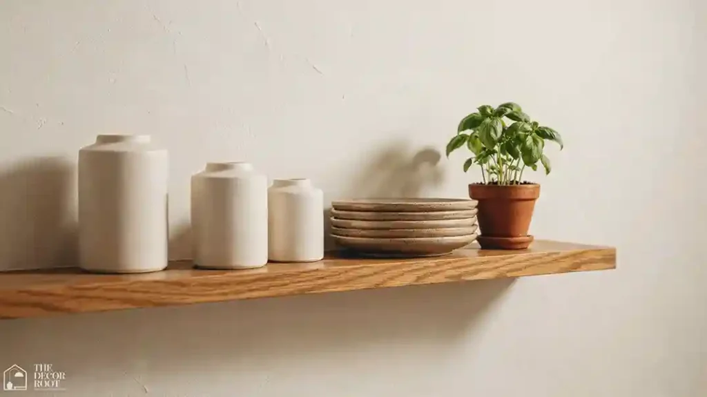 Japandi kitchen ideas with open wood shelving and ceramic canisters