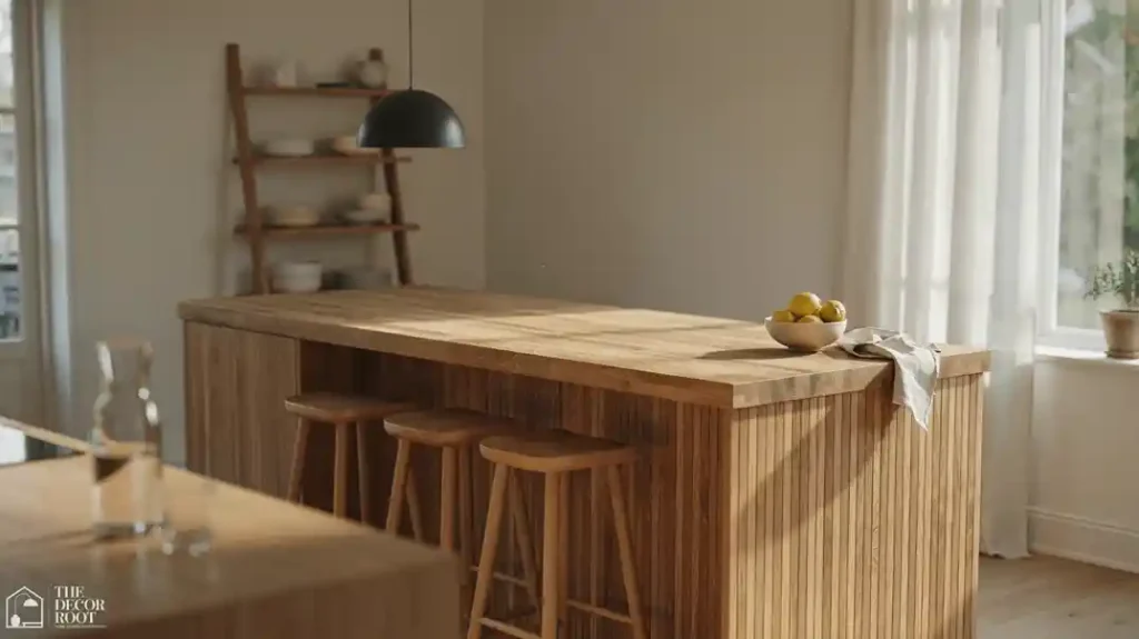 Japandi kitchen ideas with wood-clad island and warm wood bar stools
