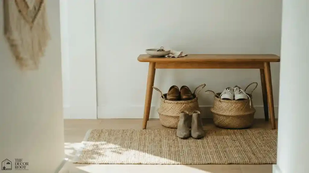 Japandi entryway ideas with wood bench and woven storage baskets